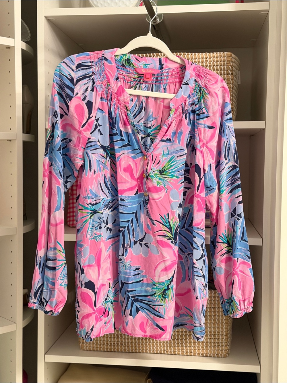 Lilly Pulitzer Elsa Silk Tunic Top Large Pink Blue Tropical Print. Size L